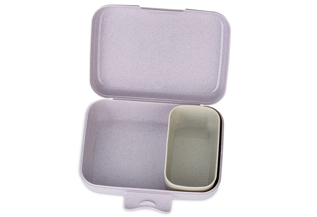 Geöffnete Lunchbox, lila. Innenraum mit Trennfach in Grün. Rechteckige Form, Kunststoff.