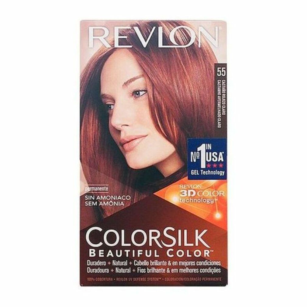 Revlon Colorsilk Haarfarbe, Farbton 55 Light Reddish Brown. Verpackung mit Frau, die das Ergebnis zeigt. Ohne Ammoniak.