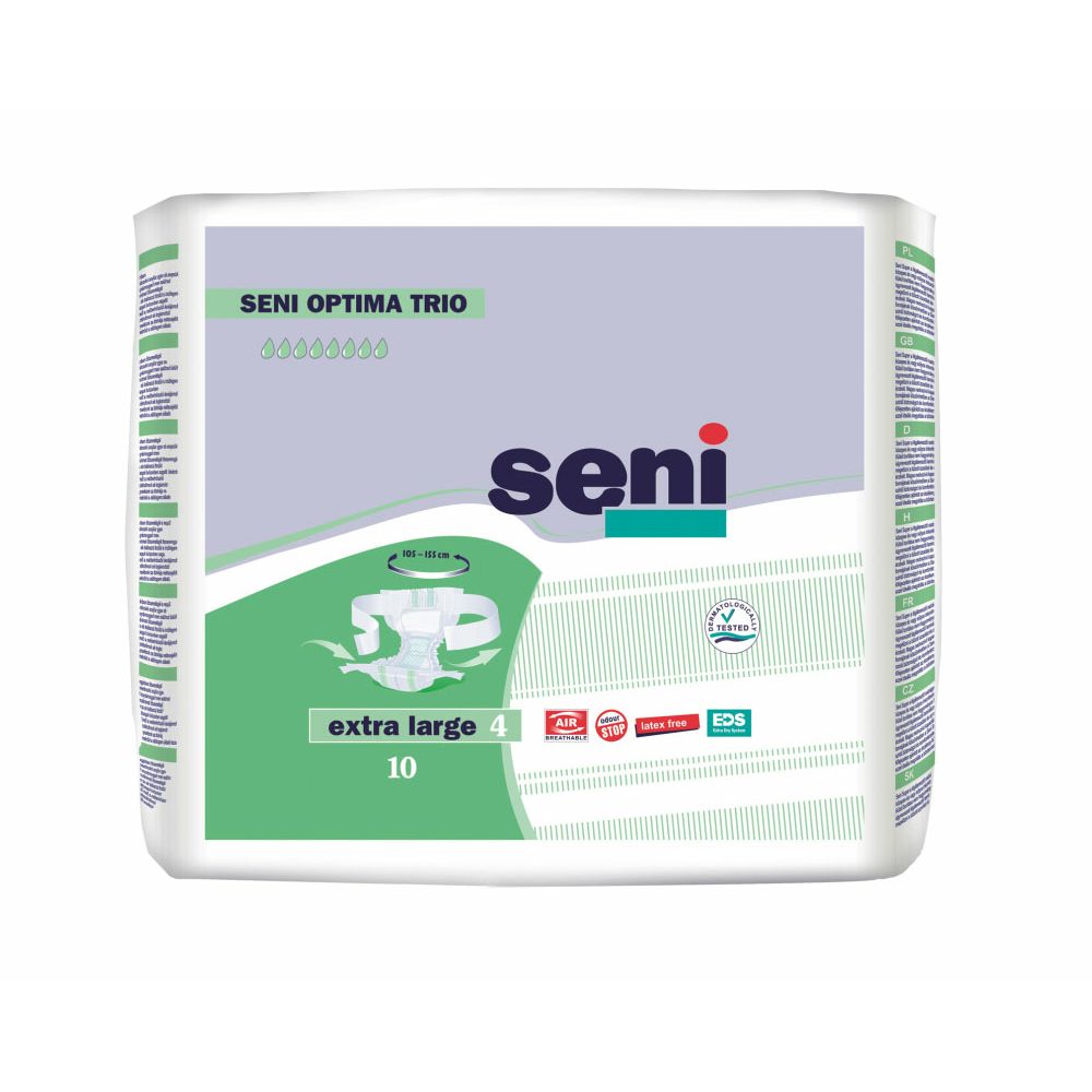 Verpackung Seni Optima Trio XL. Extra Large 4, 10 Stück. Marke Seni. Grün-weiße Verpackung mit Produktabbildung und Logos.