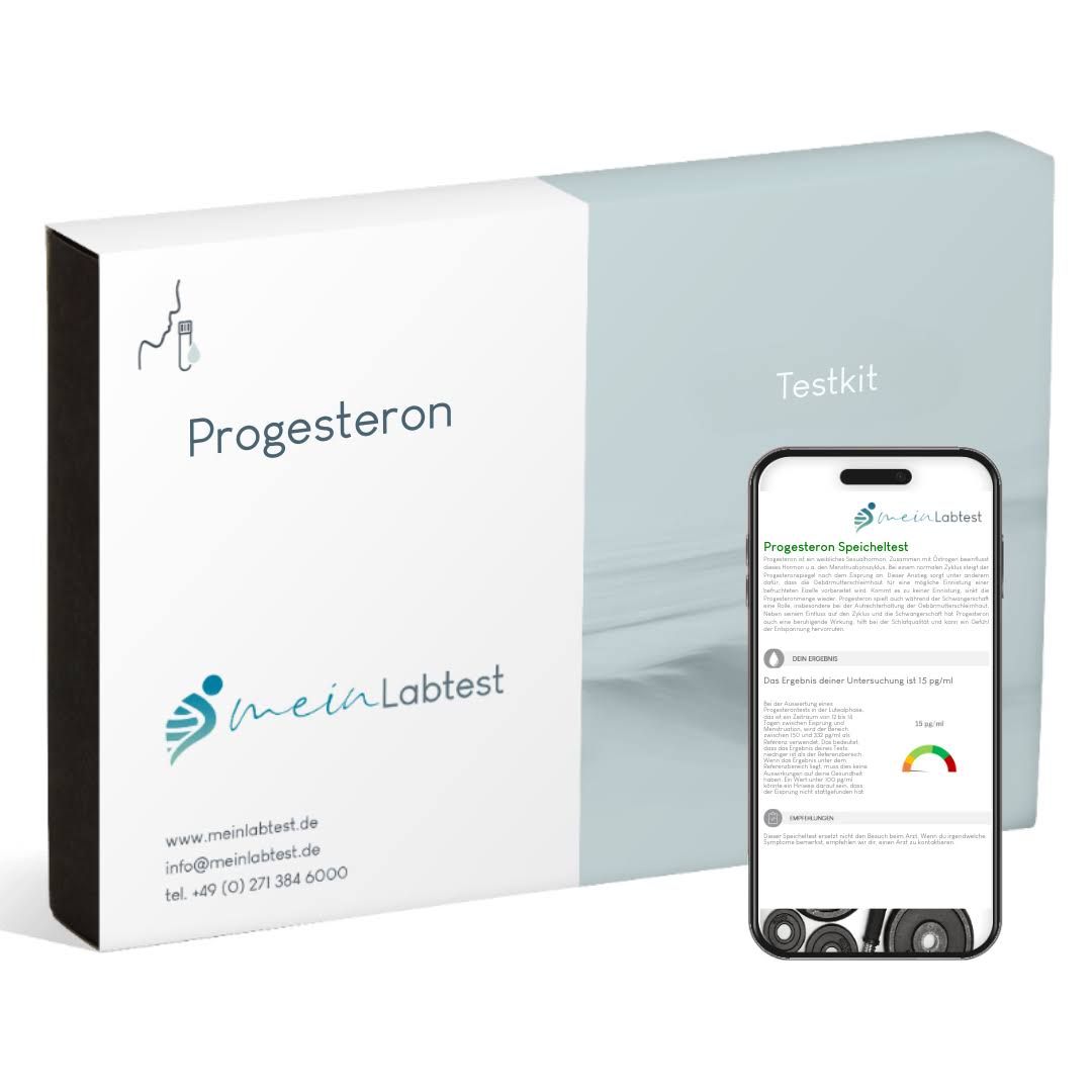 Testkit-Verpackung mit "Progesteron" und Logo. Box neben Smartphone mit Testergebnis-Anzeige. Weiß und hellblau.
