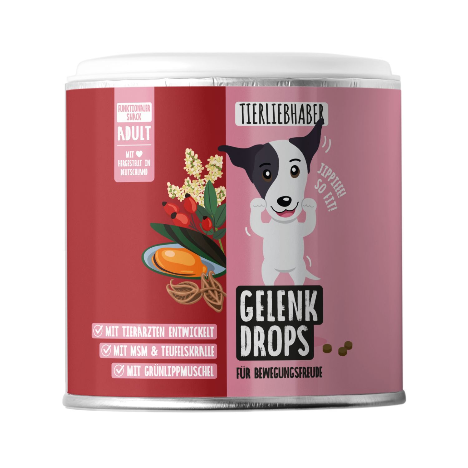 Dose Tierliebhaber Gelenk Drops mit Hundemotiv und Zutaten.