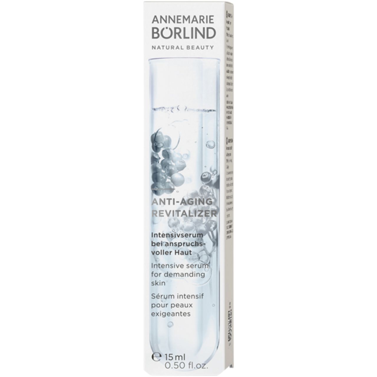 Produktverpackung. Text: Anti-Aging Revitalizer, 15 ml. Marke: Annemarie Börlind.