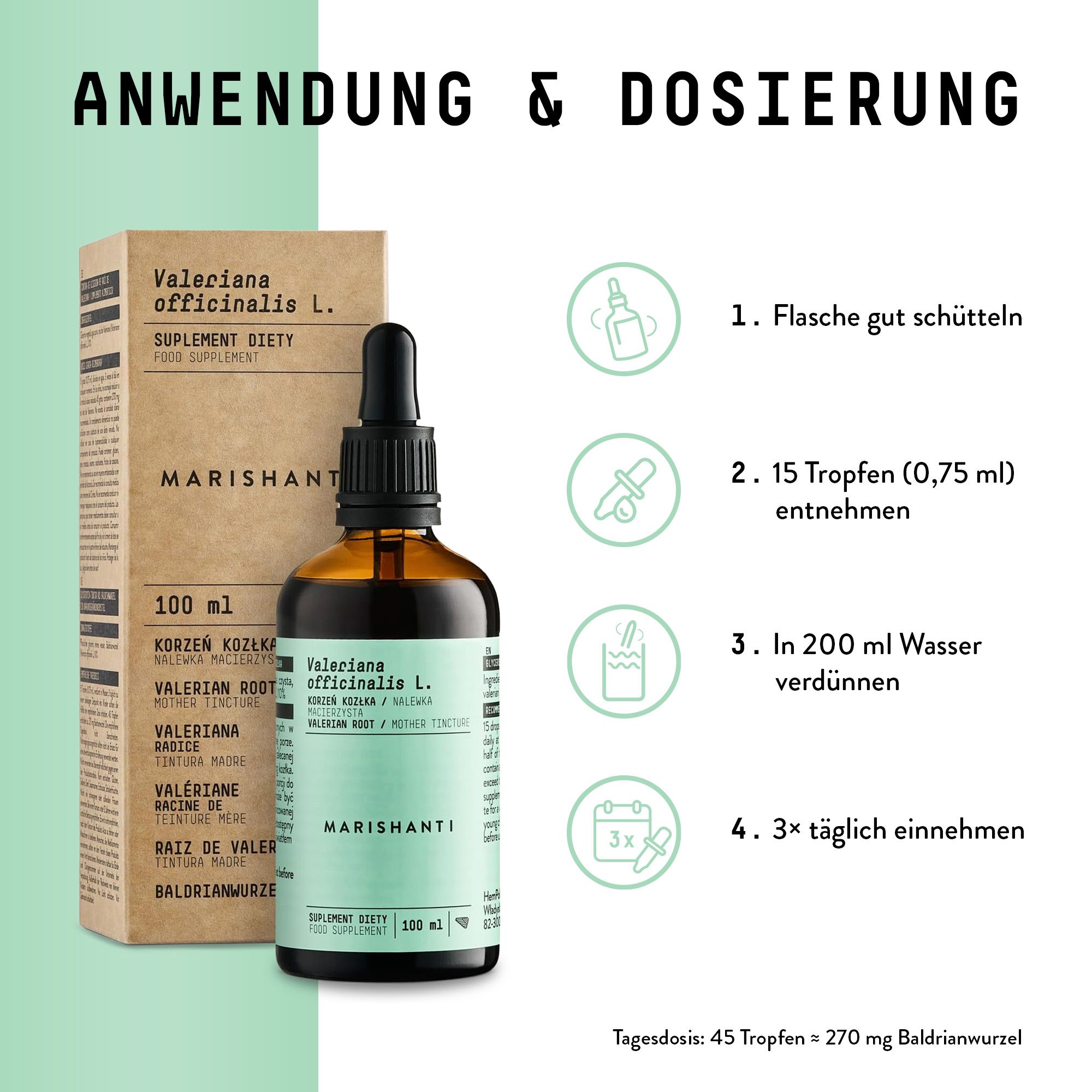 Braune Flasche mit Tropfer und Verpackung. Aufschrift: Marishanti, Baldrianwurzel Extrakt. Anwendungshinweise.