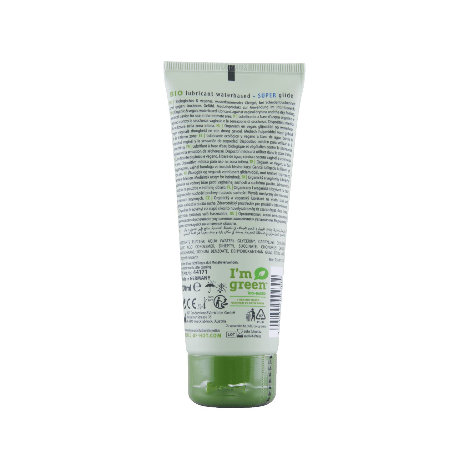 Grüne Tube mit Text. Rückseite mit Inhaltsangaben, Zertifizierungen und Barcode. "I'm green"-Logo.