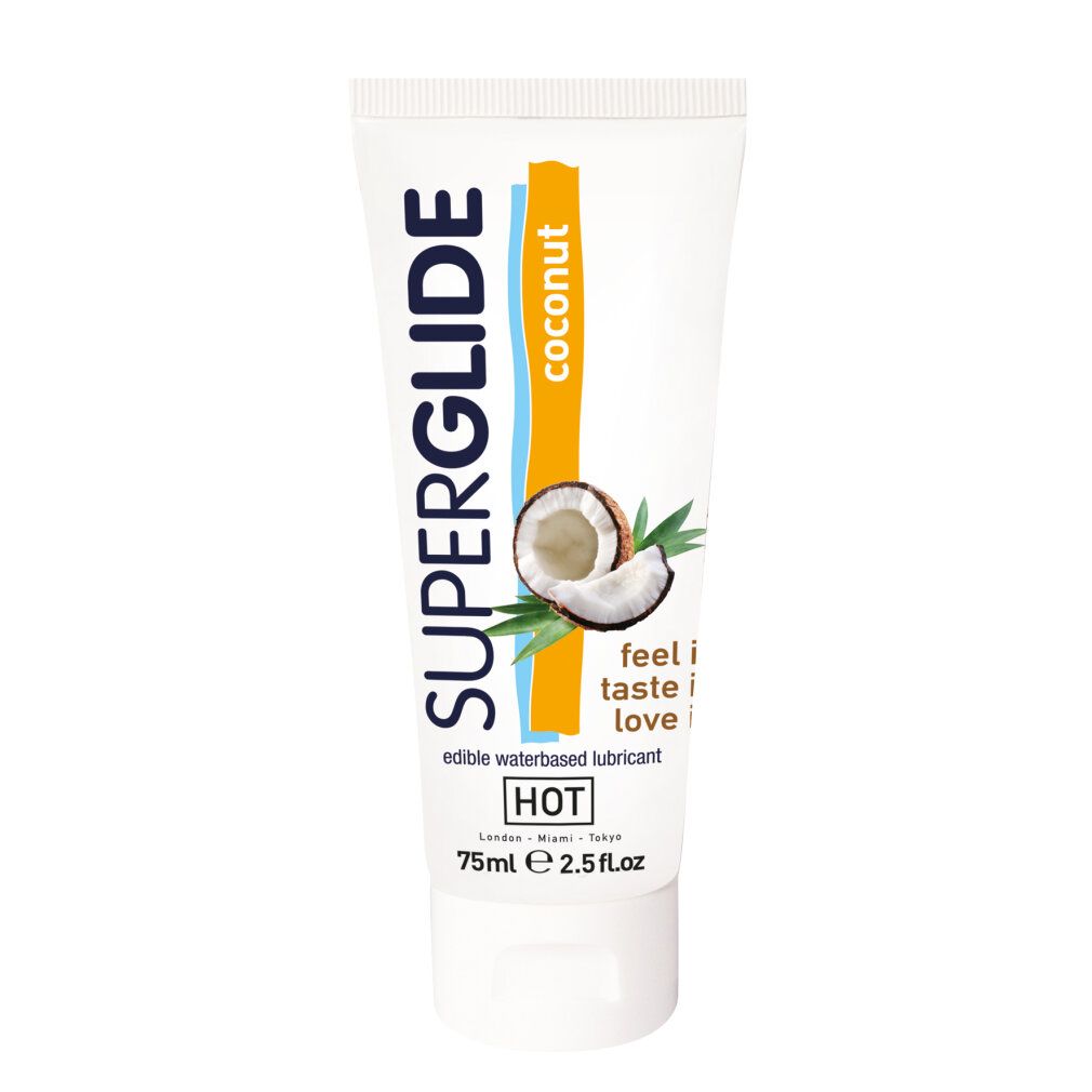 Weiße Tube mit SUPERGLIDE-Logo, Kokosnuss-Illustration und HOT-Marke. Enthält 75ml. Essbares, wasserbasiertes Gleitmittel.