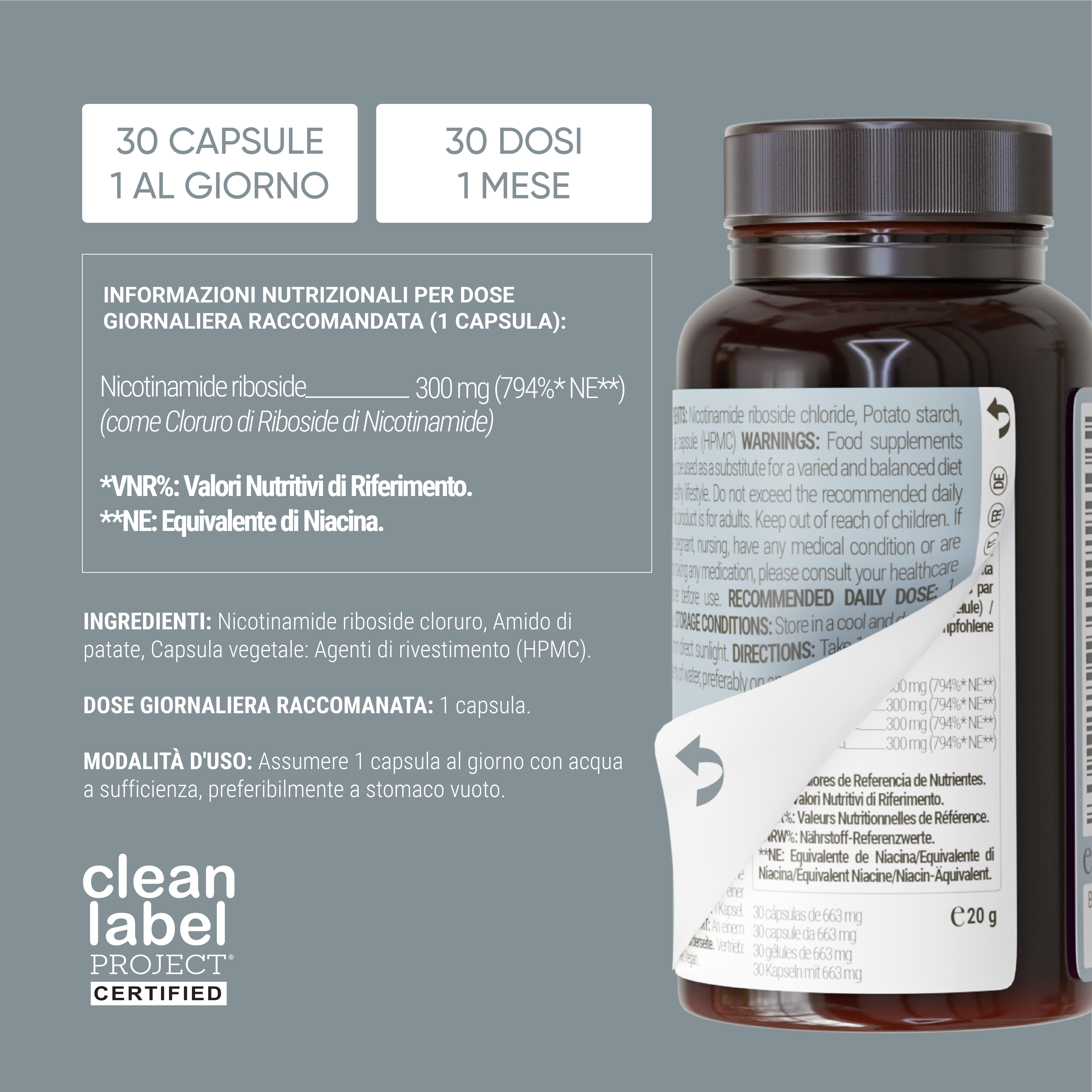 Nahrungsergänzungsmittel-Flasche. Text: 30 Kapseln, 1 pro Tag. Nicotinamid Ribosid 300mg. Clean Label Project zertifiziert.