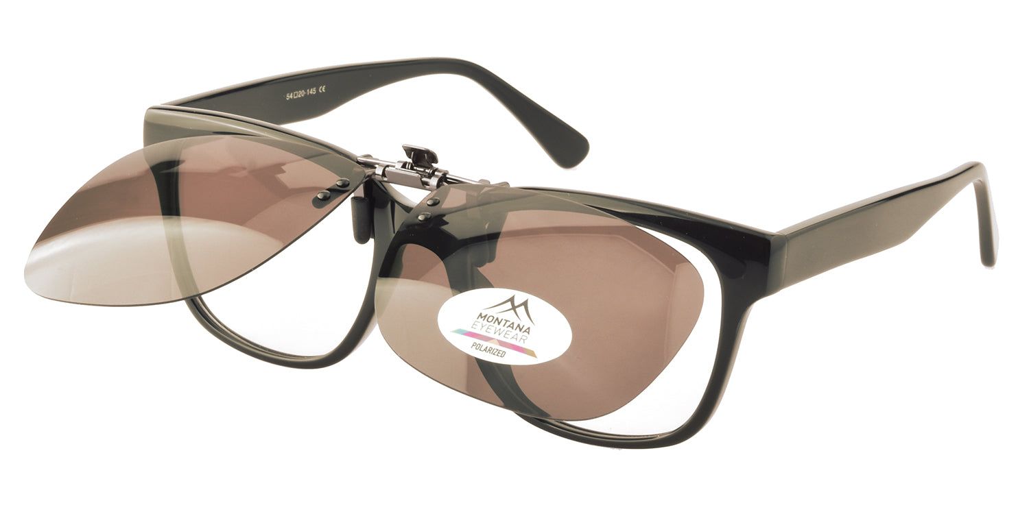 Schwarze Brille mit braunen Clip-On-Sonnenbrillen. Logo "MONTANA EYEWEAR POLARIZED".