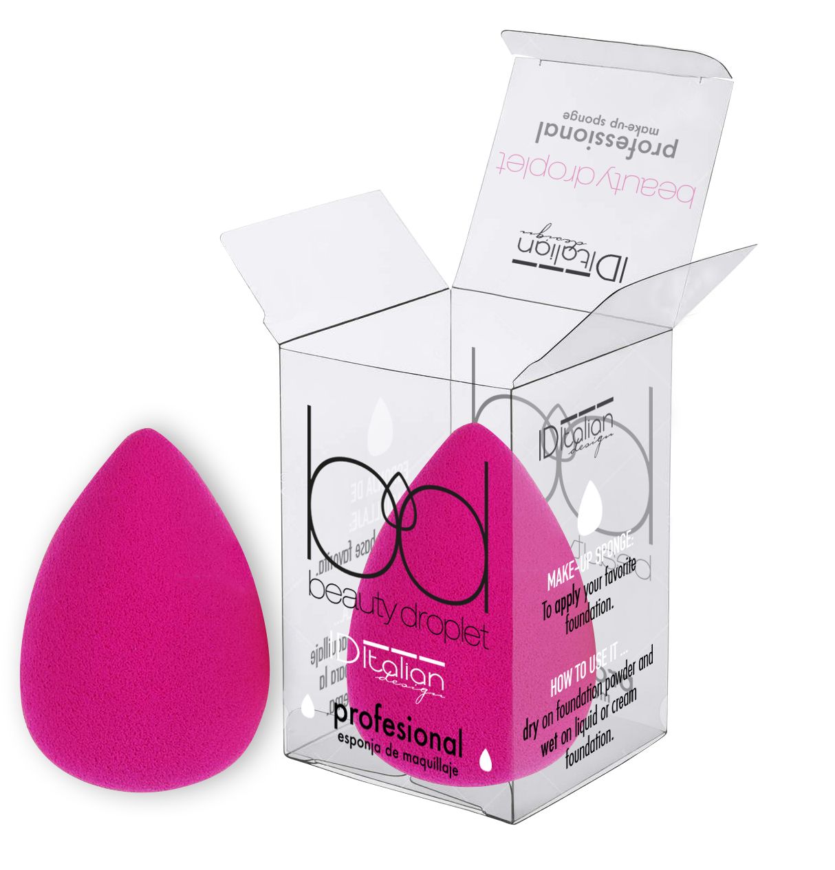 Rosa Make-up Schwamm in Tropfenform. In transparenter Verpackung mit Schriftzug 'beauty droplet'.