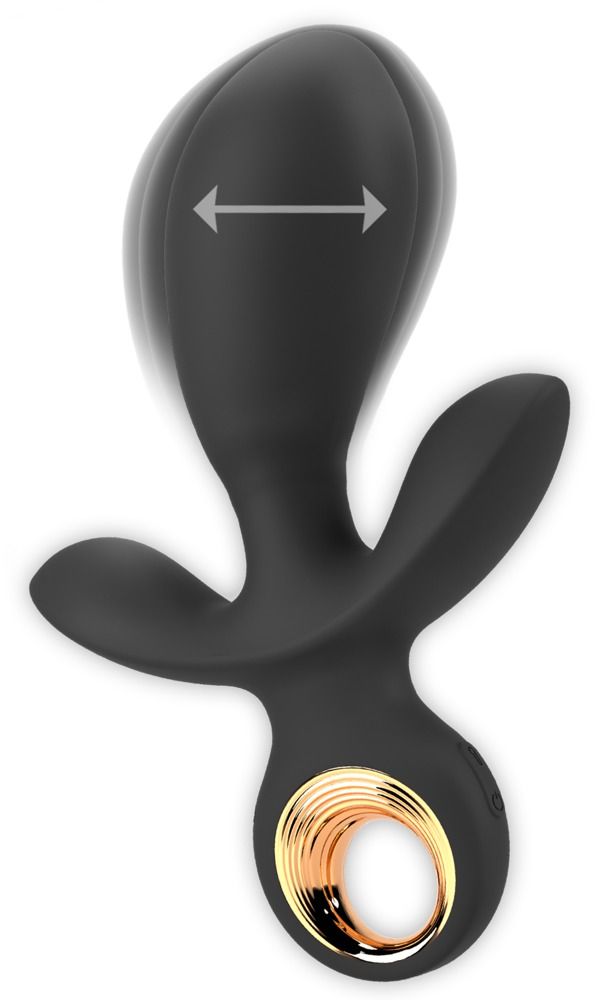 Schwarzer Vibrator mit drei Ausläufern und goldfarbenem Ring. Detailansicht zeigt die Vibrationsfunktion. Silikon.