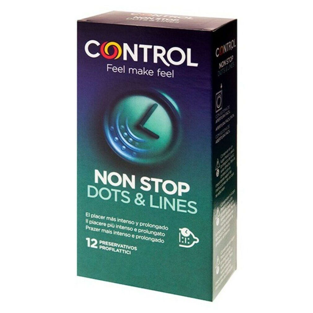 Verpakking van Control Non Stop Dots & Lines. Bevat 12 condooms. Opschrift: Feel make feel.