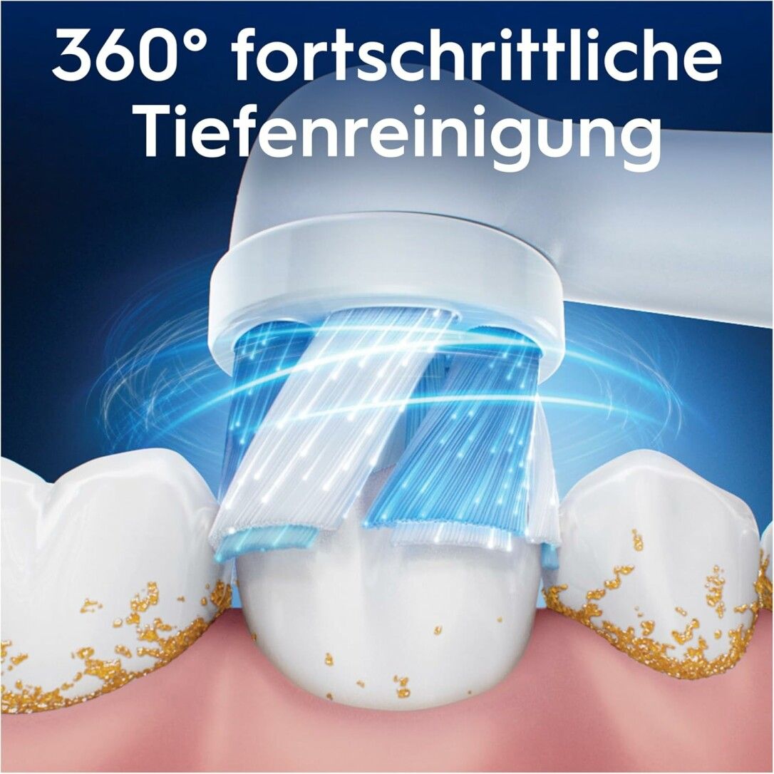Zahnmodell mit einem Oral-B iO Bürstenkopf. 360° Tiefenreinigung. Blaue Borsten reinigen Zähne. Animation von Reinigung.