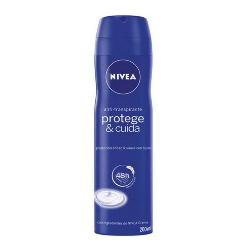 Blaues Deodorant-Spray von Nivea. Aufschrift: Protege & Cuida, anti-transpirante. Mit 48h-Schutz. Creme-Inhaltsstoffe. 200ml.