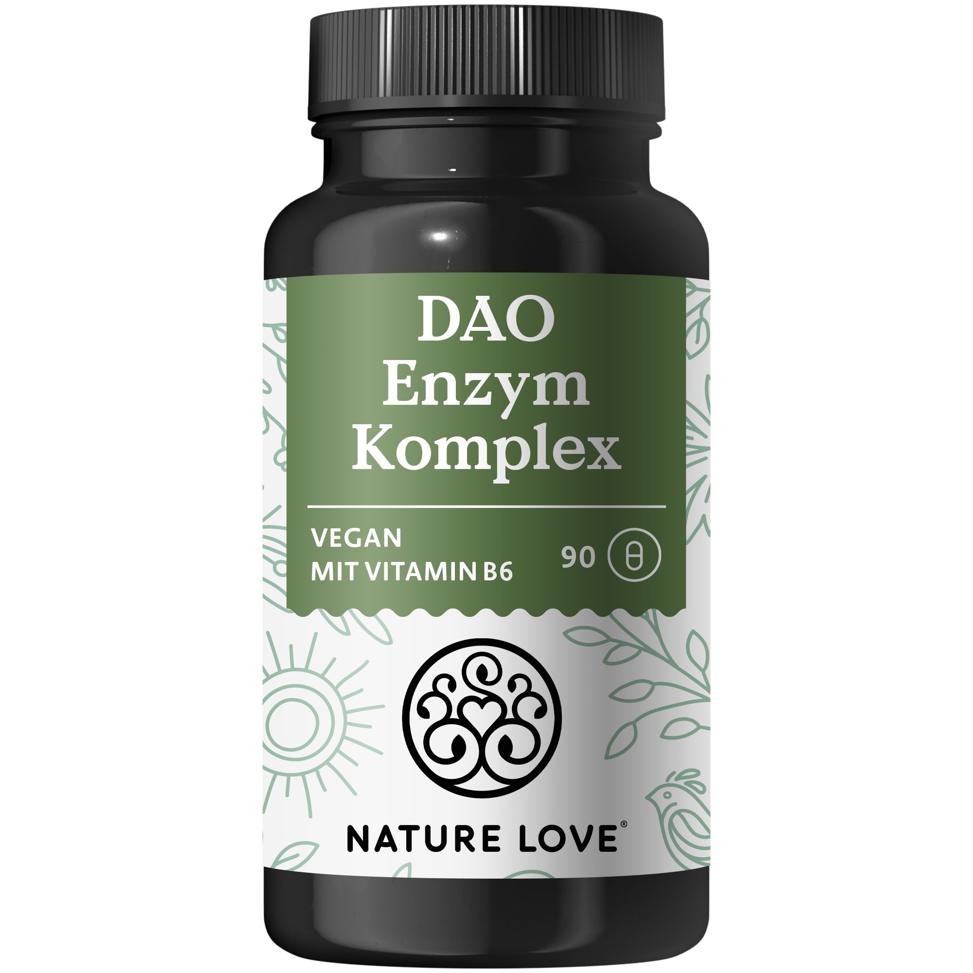 Schwarze Flasche mit grünem Etikett. Aufschrift: DAO Enzym Komplex, Vegan, Vitamin B6. Marke: NATURE LOVE®. 90 Kapseln.