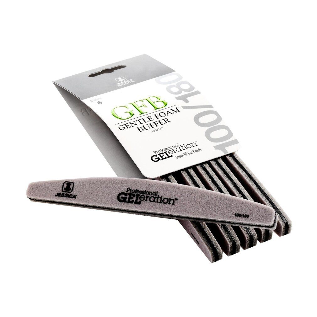 6 Jessica Geleration Gentle Foam Buffer. Graue, rechteckige Form. Verpackung mit Produktnamen und 100/180-Angabe.