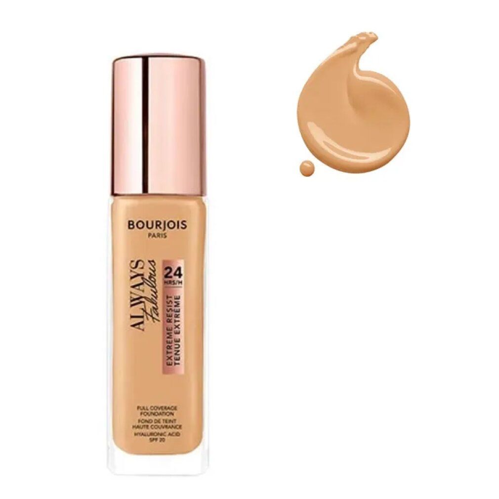 Bourjois Always Fabulous Fondotinta 24H Spf20. Beige Foundation mit Farbmuster. Glasflasche mit rosafarbenem Deckel.