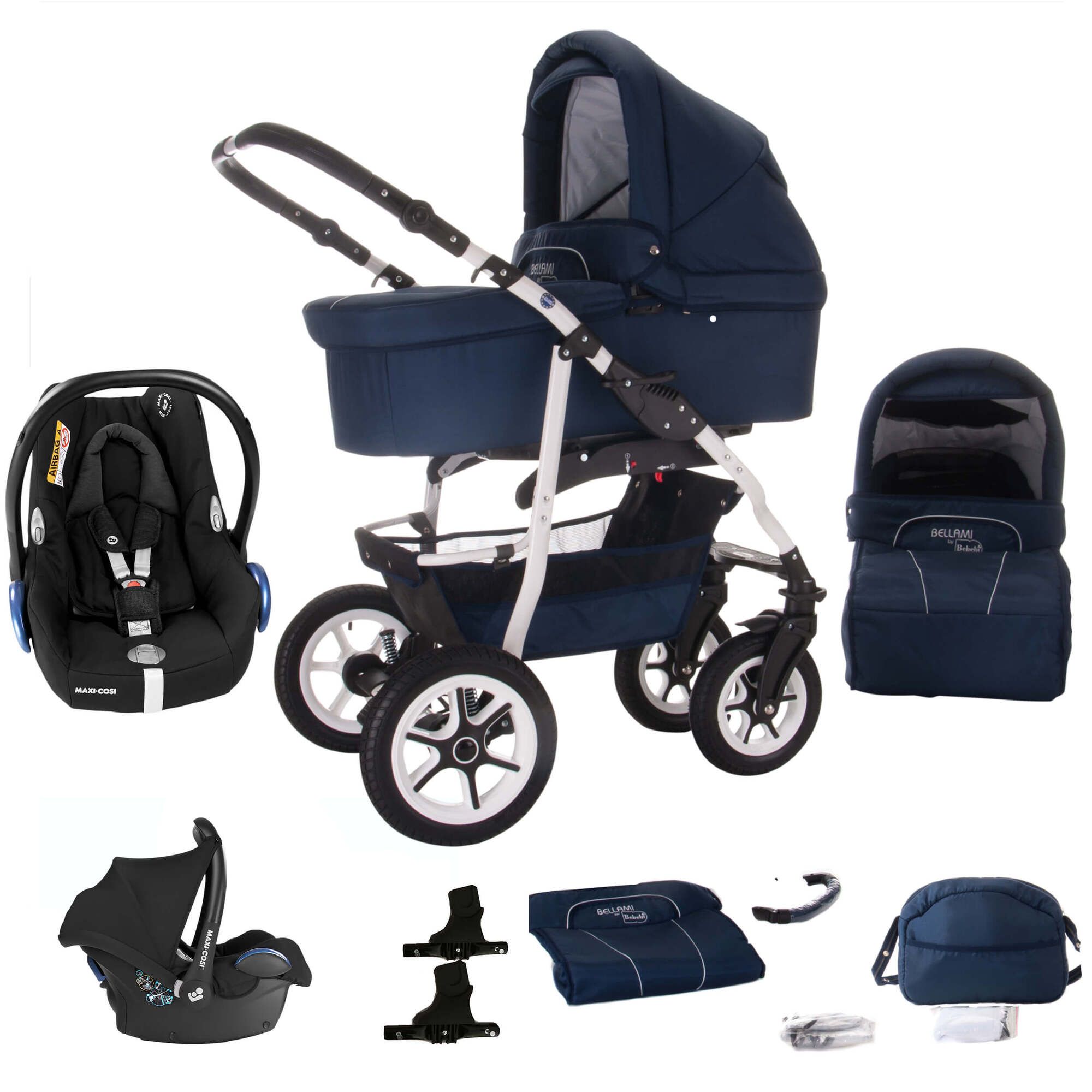 Bebebi Bellami 3 in 1 Kinderwagen Set mit Original Maxi Cosi, Luft Bellablue
