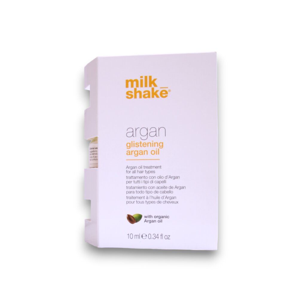 Produktverpackung mit Fläschchen. Aufschrift: Milk_shake, Argan Glistening Argan Oil. 10 ml.
