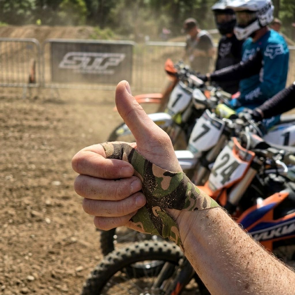 Hand mit camouflage-farbenem Tape, Daumen hoch Geste, Motocross-Hintergrund.