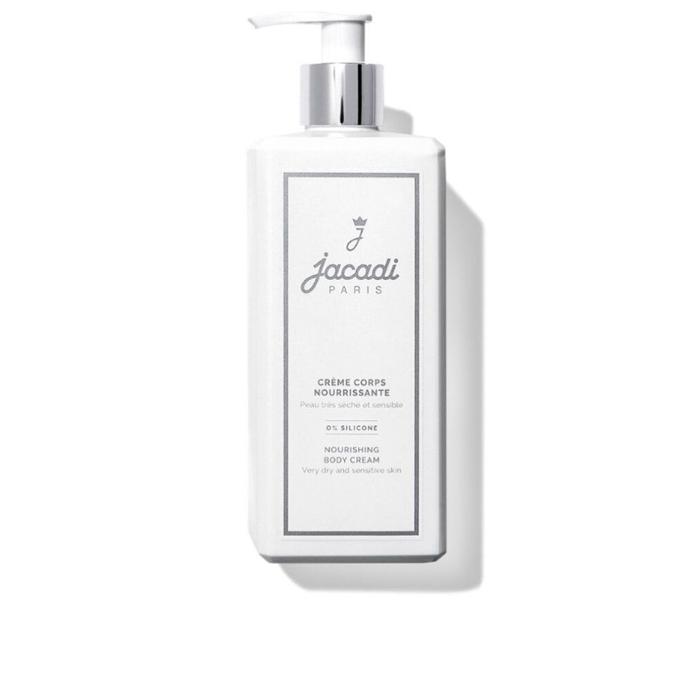 Weiße Flasche mit silbernem Pumpkopf. Aufschrift: Jacadi Paris, Crème Corps Nourrissante, Nourishing Body Cream.