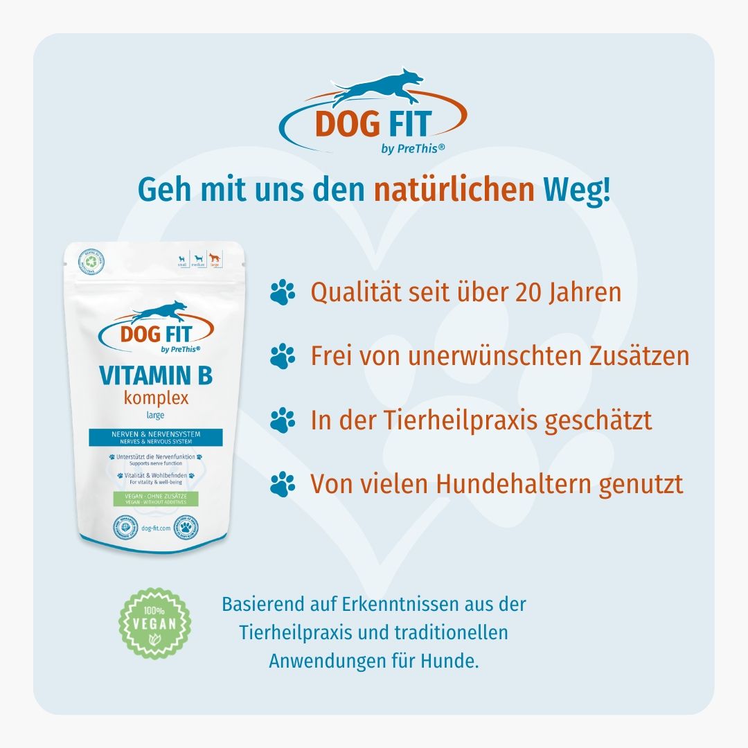 Produktverpackung DOG FIT by PreThis® VITAMIN B komplex. Text: Vegan, ohne Zusätze. Text: Qualität seit über 20 Jahren.