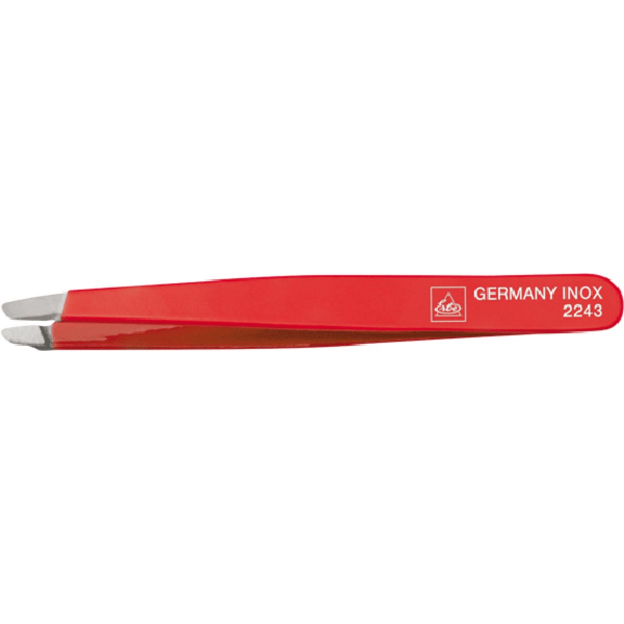 Schräge Pinzette, rot lackiert, rostfreier Stahl. Aufschrift: Germany Inox 2243.