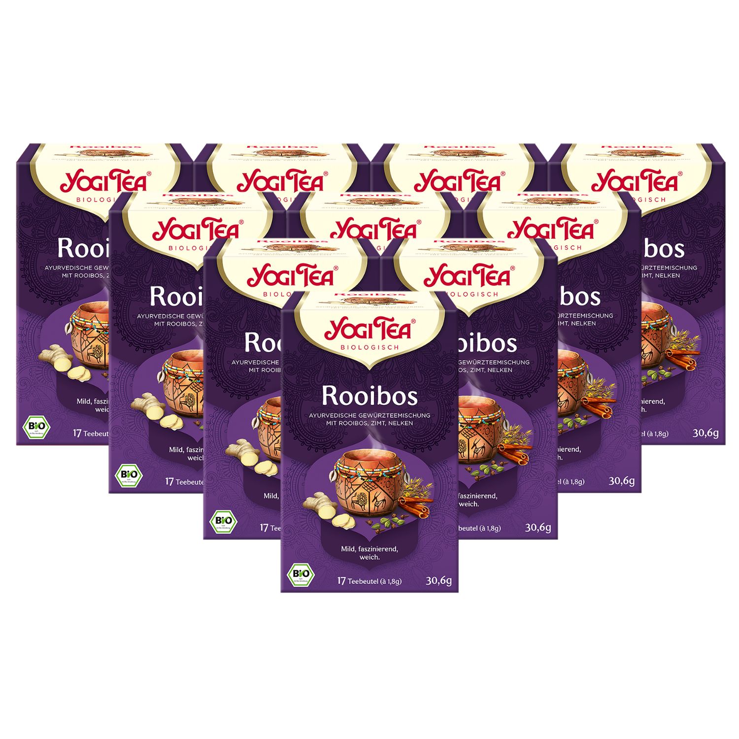 Mehrere Packungen Yogi Tea Rooibos Bio Gewürztee. Lila Verpackung mit Logo und Produktbezeichnung. Bio-Siegel.