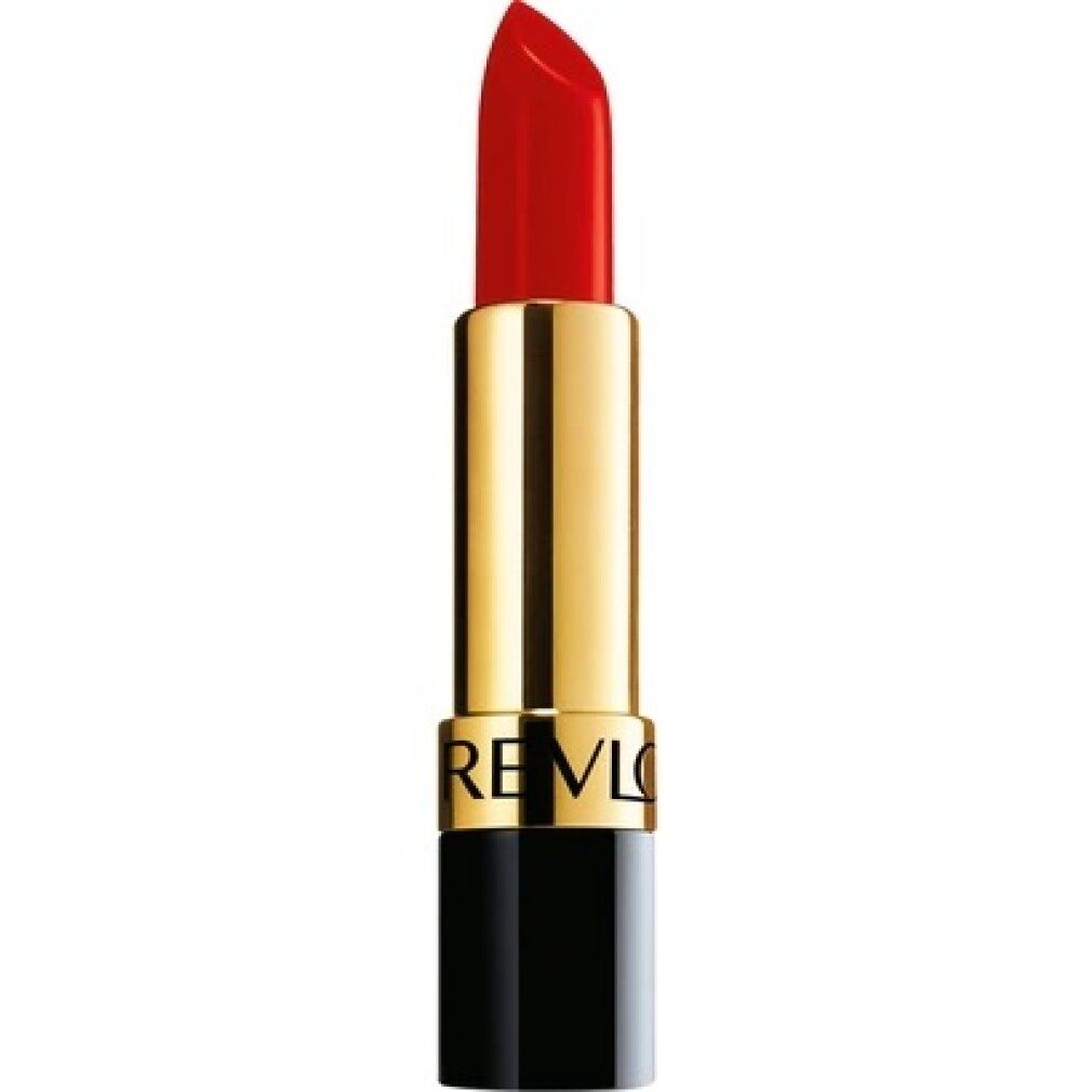 Roter Lippenstift, goldene Hülse mit schwarzem Boden. Marke: Revlon.