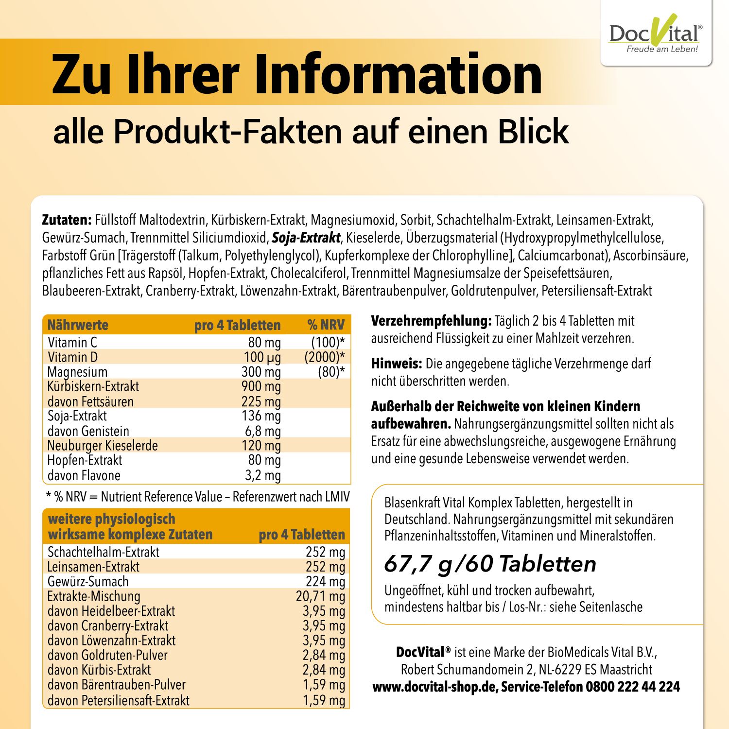 Übersicht der Inhaltsstoffe, Nährwerte und Anwendungshinweise für DocVital® Blasenkraft Tabletten.