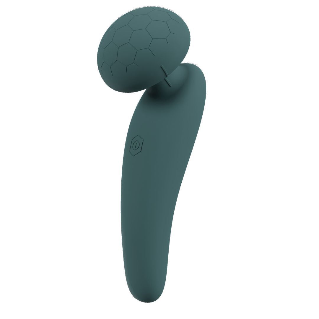 Türkisfarbenes Massagegerät mit rundem Kopf mit Wabenmuster und ergonomischem Griff. Auf dem Griff ist ein Symbol.
