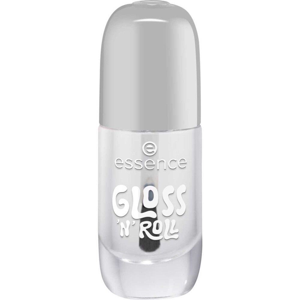 Klare Nagellackflasche mit Deckel. Aufschrift "essence GLOSS 'N' ROLL".