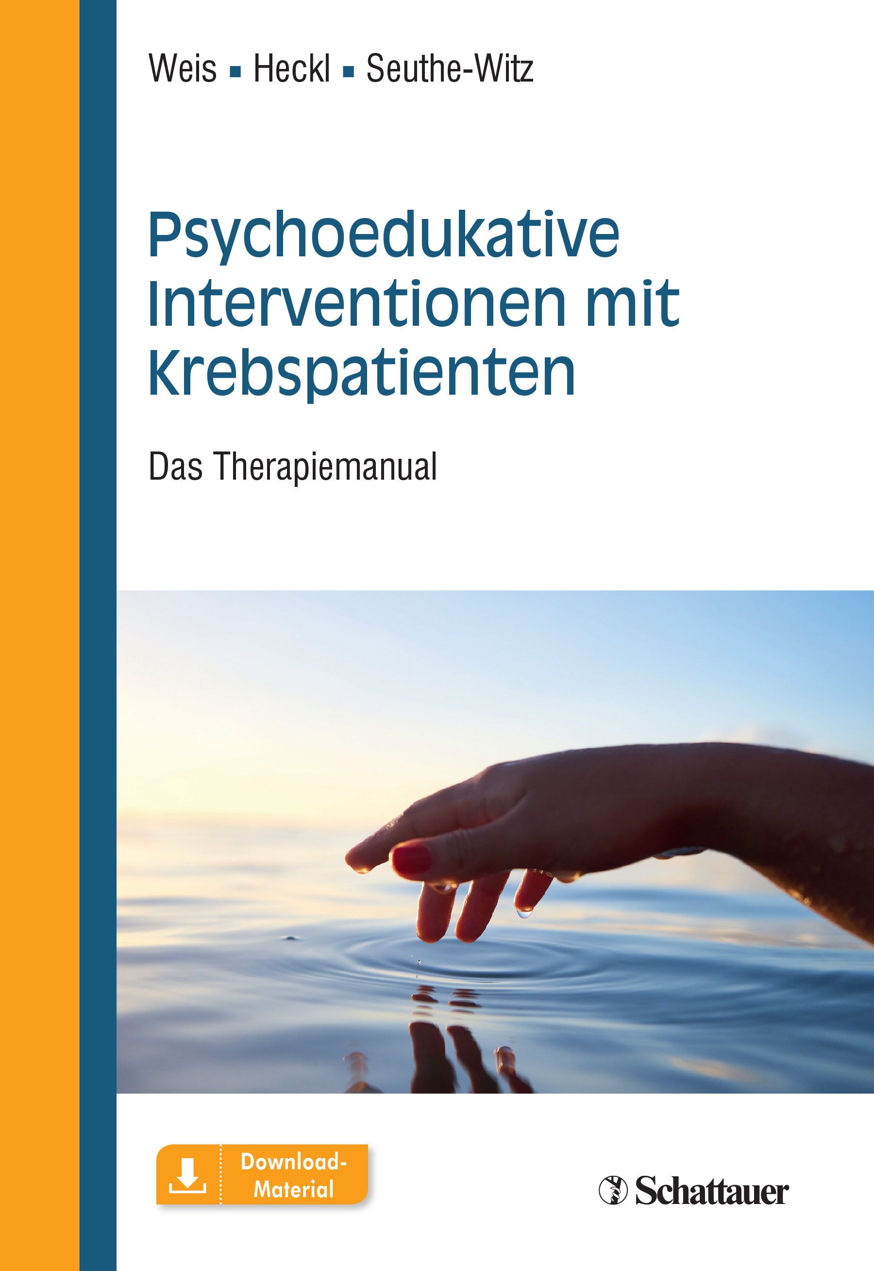 Buchcover: Psychoedukative Interventionen mit Krebspatienten. Titel, Autoren, und Schattauer-Logo. Hand berührt Wasser.