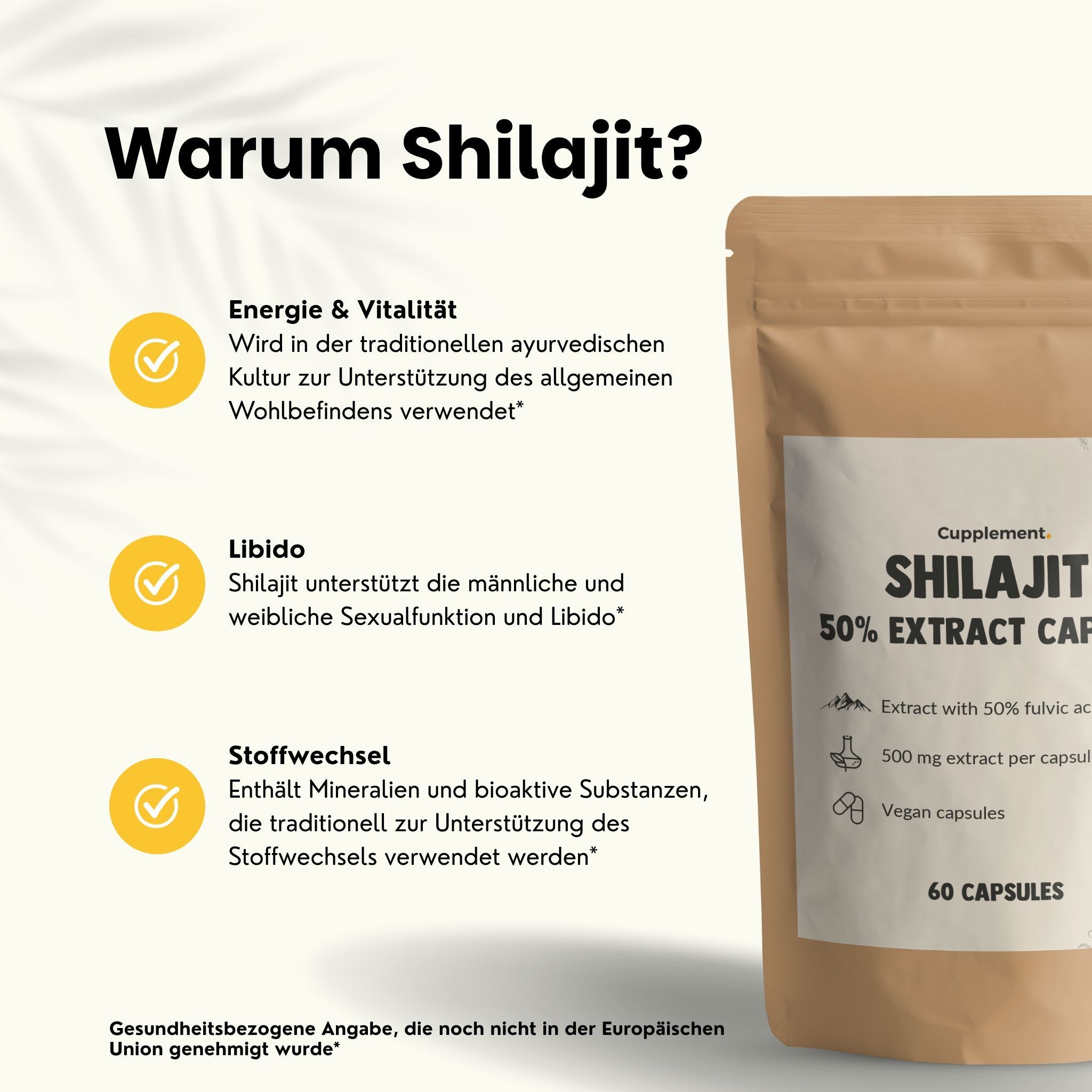 Text: Warum Shilajit? Energie & Vitalität, Libido, Stoffwechsel. Beutel mit Shilajit Extrakt Kapseln.
