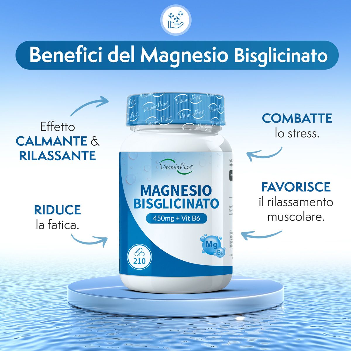 Flacone di Magnesio Bisglicinato. Testo: 450mg + Vit B6. Benefici: Riduce la fatica, calmante, rilassante, combatte lo stress. 210 capsule.