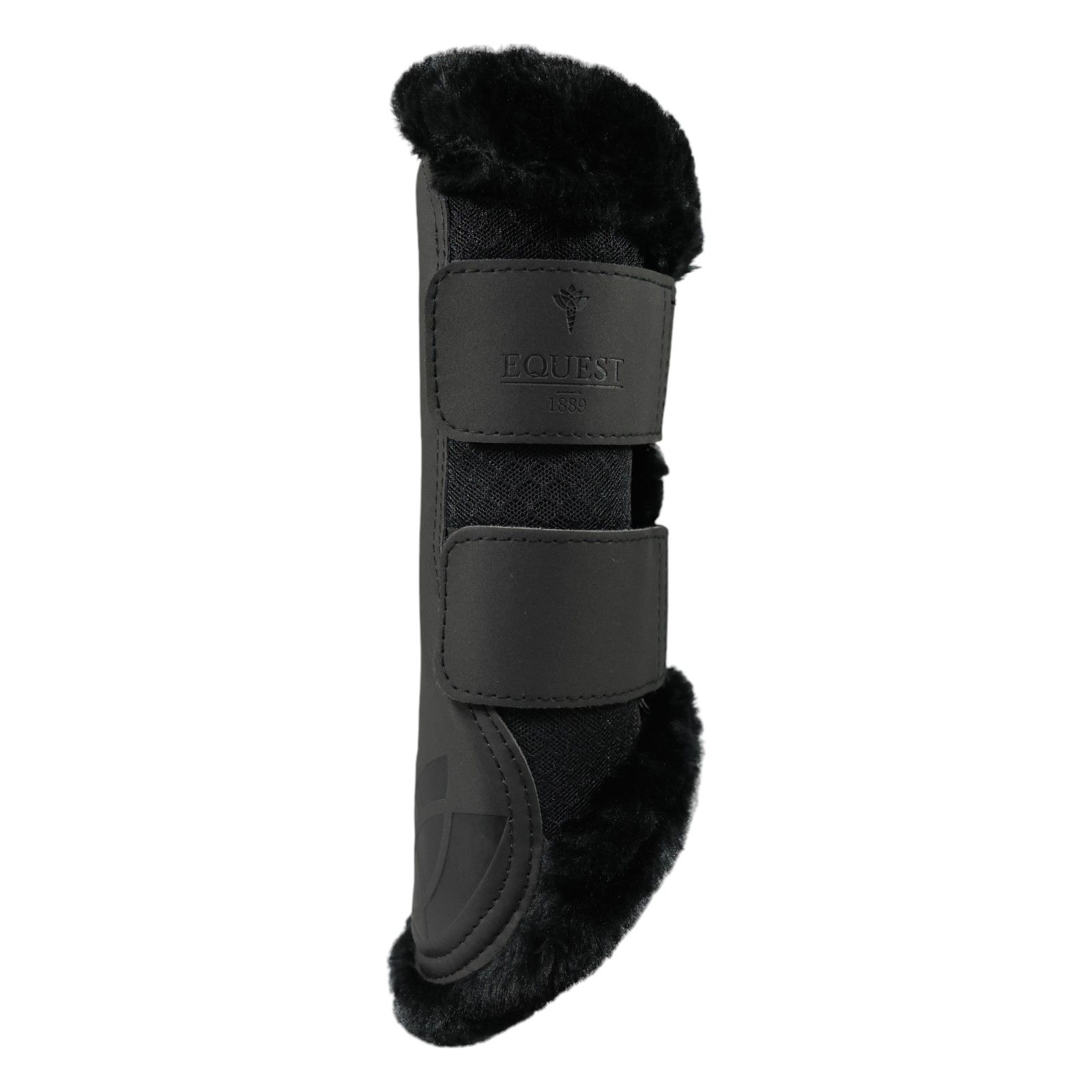Schwarze Gamasche mit Fellbesatz und Klettverschlüssen. Logo auf der Außenseite. Mesh-Einsatz.  Equest.