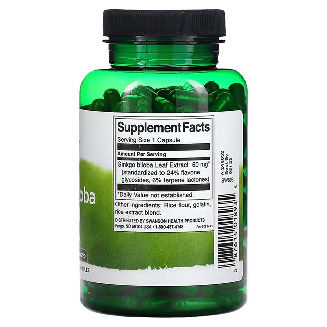 Rückansicht der grünen Flasche SWANSON Ginkgo Biloba Extrakt. Etikett mit Nährwertangaben und Inhaltsstoffen.