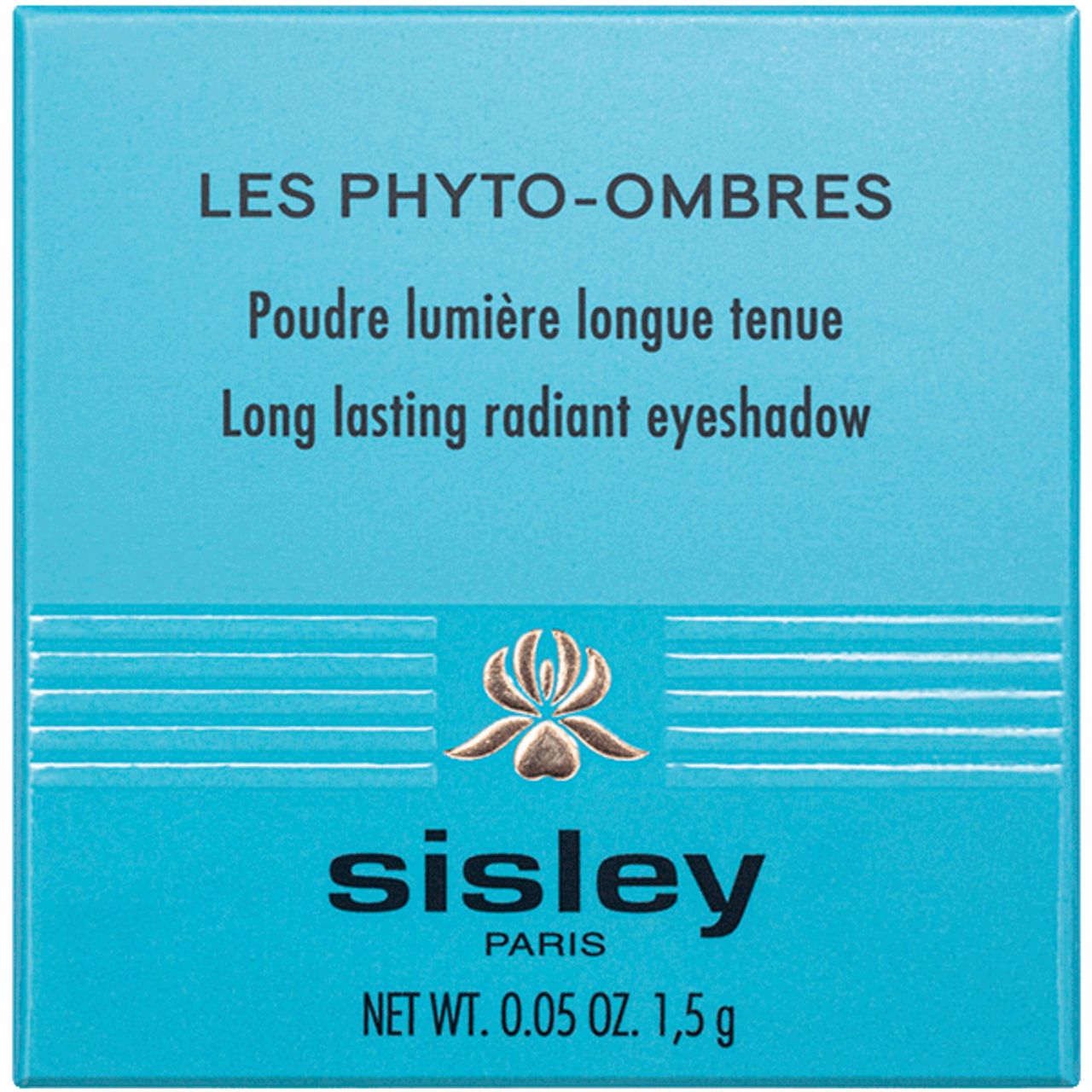 Türkisfarbene Schachtel mit Text: LES PHYTO-OMBRES, Poudre lumière longue tenue, Long lasting radiant eyeshadow. Sisley-Logo und Gewicht.