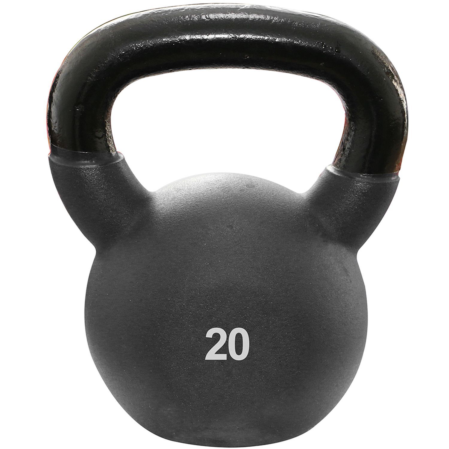 Schwarze Kettlebell mit schwarzem Griff. Auf der Kugel steht die Zahl 20.