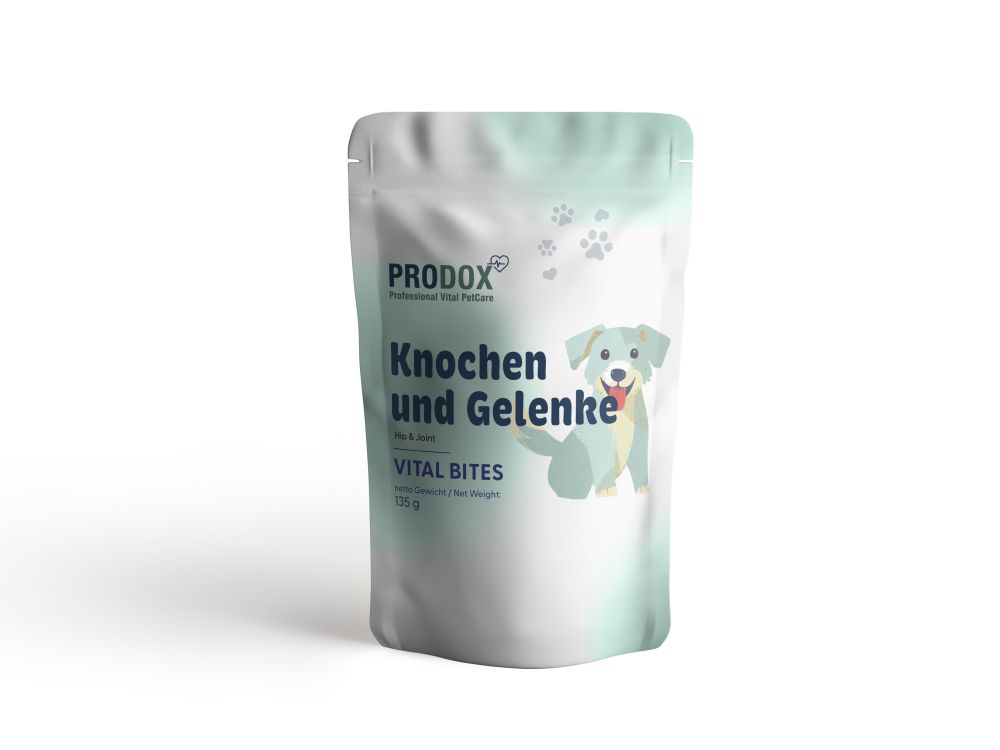 PRODOX Vital Bites-Beutel. Aufschrift: Knochen und Gelenke, Vital Bites. Abbildung eines Hundes. Hellblauer Hintergrund.