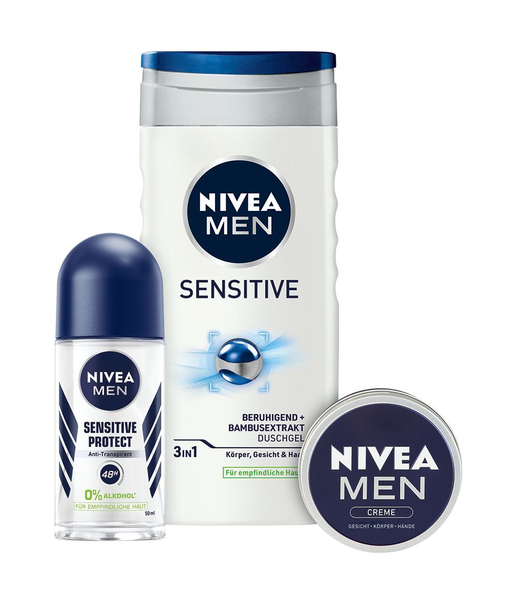 Duschgel, Roll-On und Creme. Produkte in weiß-blauer Verpackung. NIVEA MEN Sensitive. 3in1 Duschgel.