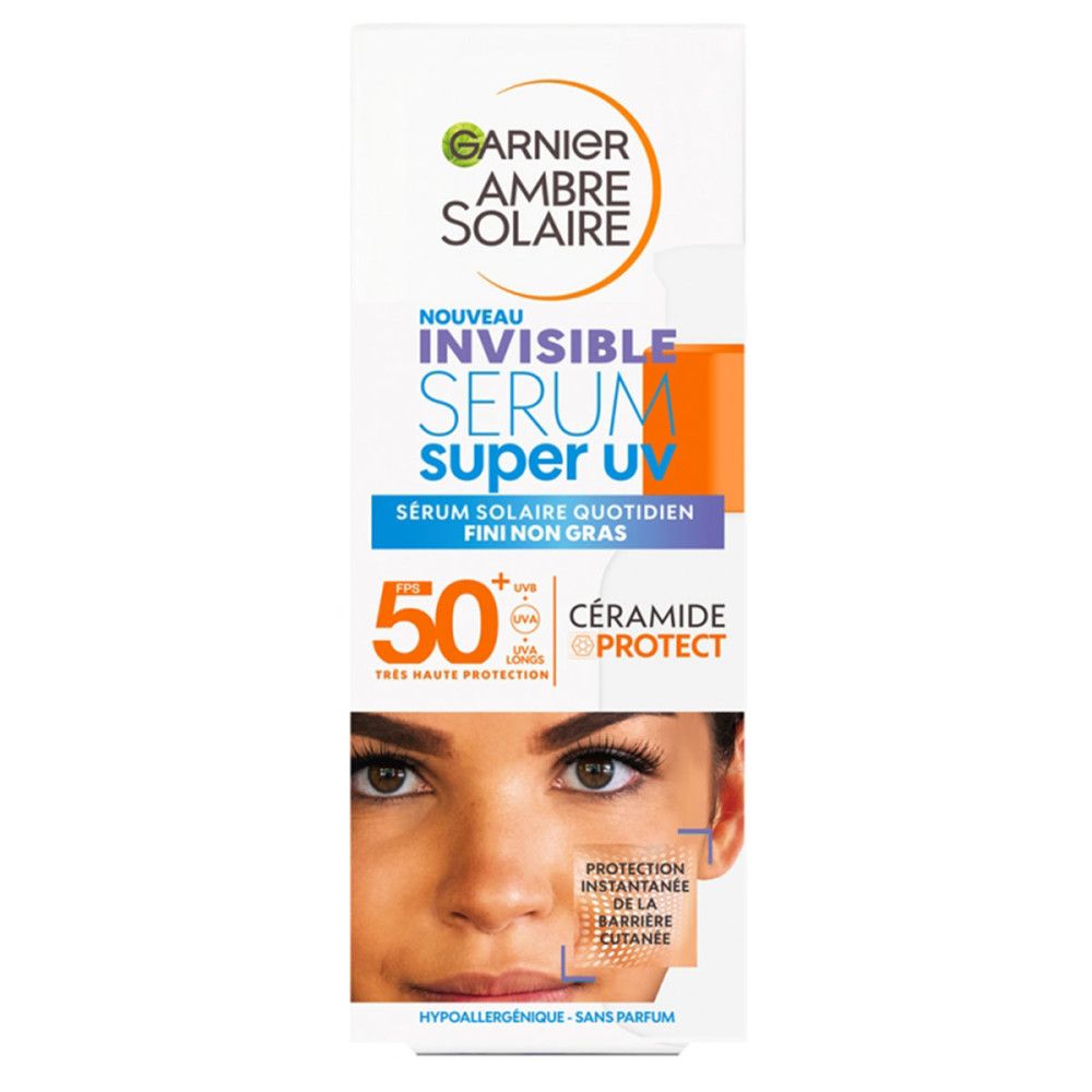 Garnier Ambre Solaire Serum LSF 50+ Verpackung. Weiß, mit Produktinformationen und Gesichtsausschnitt.