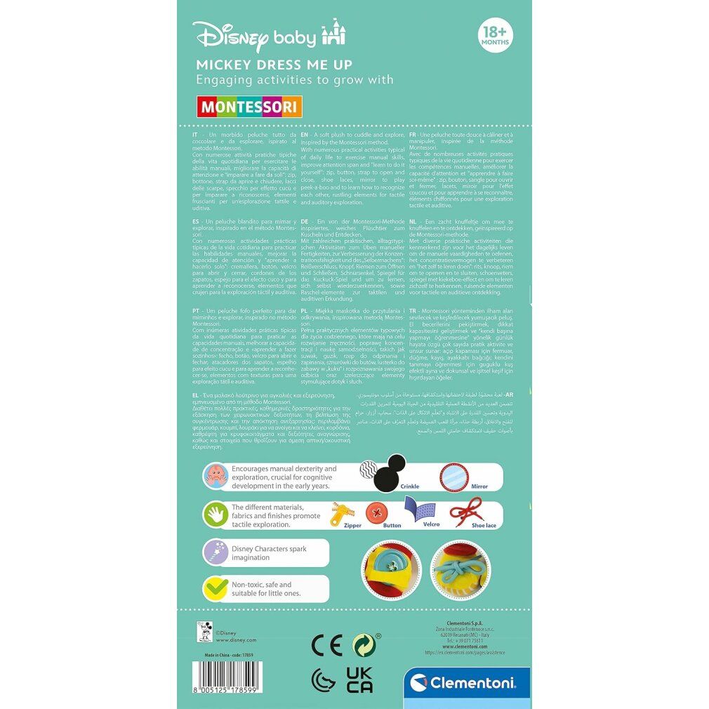 Rückseite der Verpackung für das Spielzeug Mickey Dress Me Up. Text in mehreren Sprachen. Illustrationen von Knöpfen, Reißverschlüssen und Schnürsenkeln.