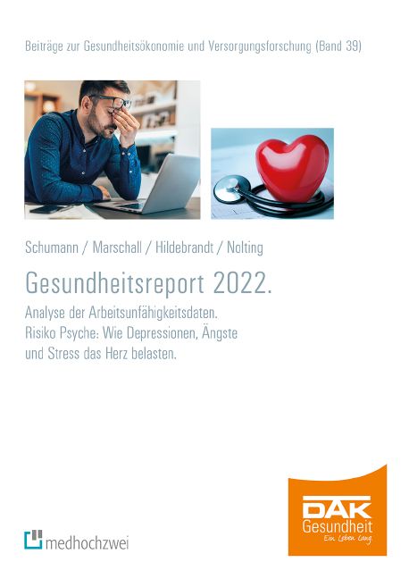 Buchcover: Gesundheitsreport 2022. Titel und Untertitel, Bilder von Person mit Laptop und Herz mit Stethoskop. Logo DAK Gesundheit.