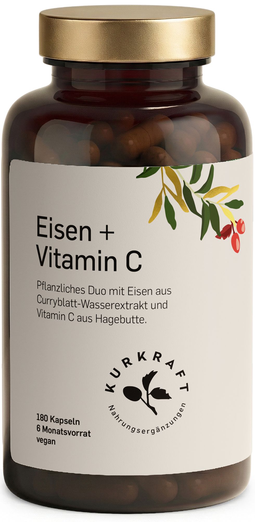 Braune Flasche mit Etikett. Text: Eisen + Vitamin C. 180 Kapseln. Kurkraft-Logo.