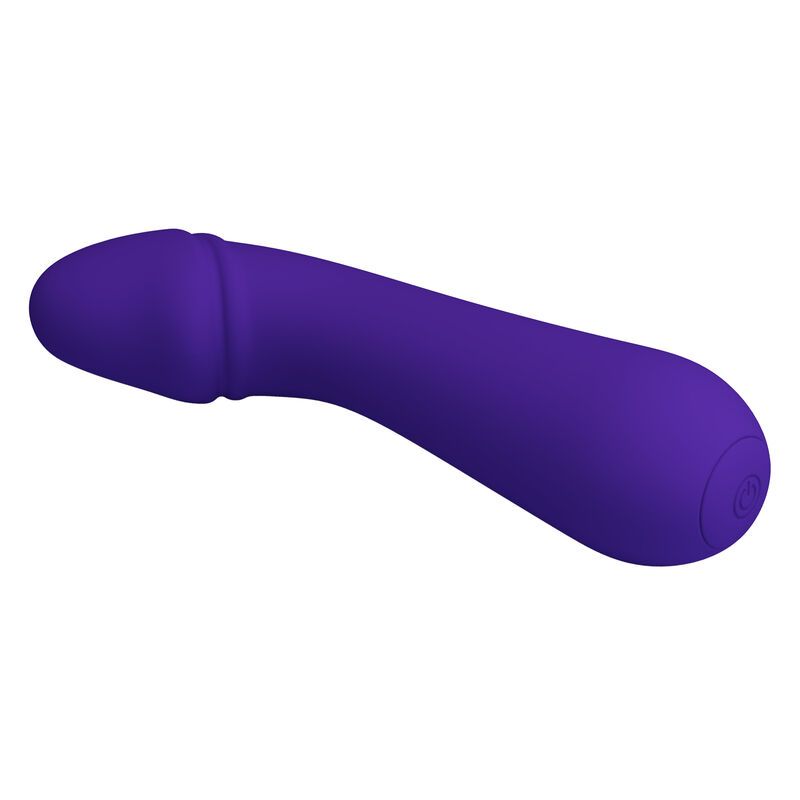 Lila Vibrator mit gebogener Form. Abgerundete Spitze. Glatte Oberfläche. Kleiner Knopf am Ende.