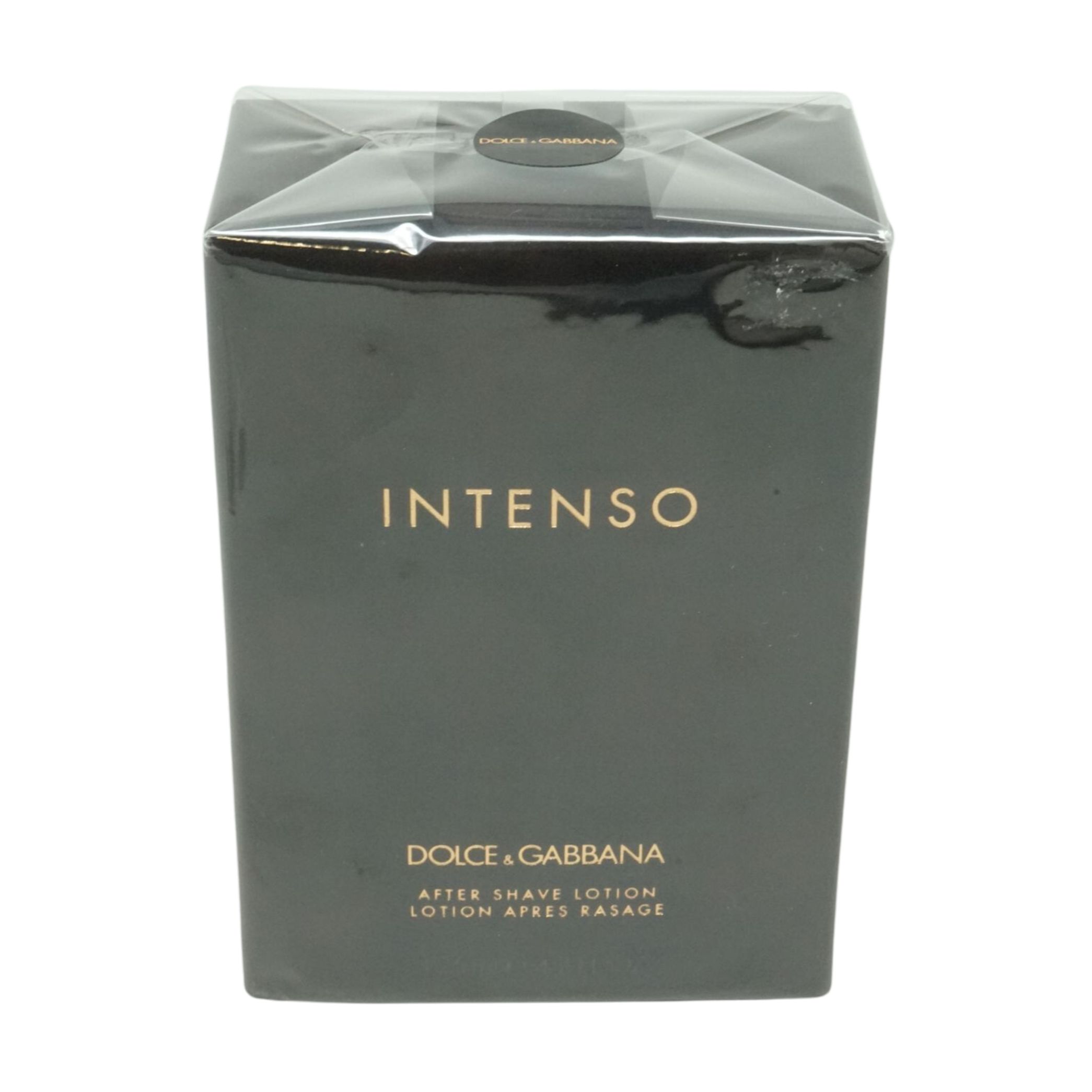 Schwarzer Karton mit Aufschrift "Intenso" und "Dolce & Gabbana After Shave Lotion". Verpackt in Folie.