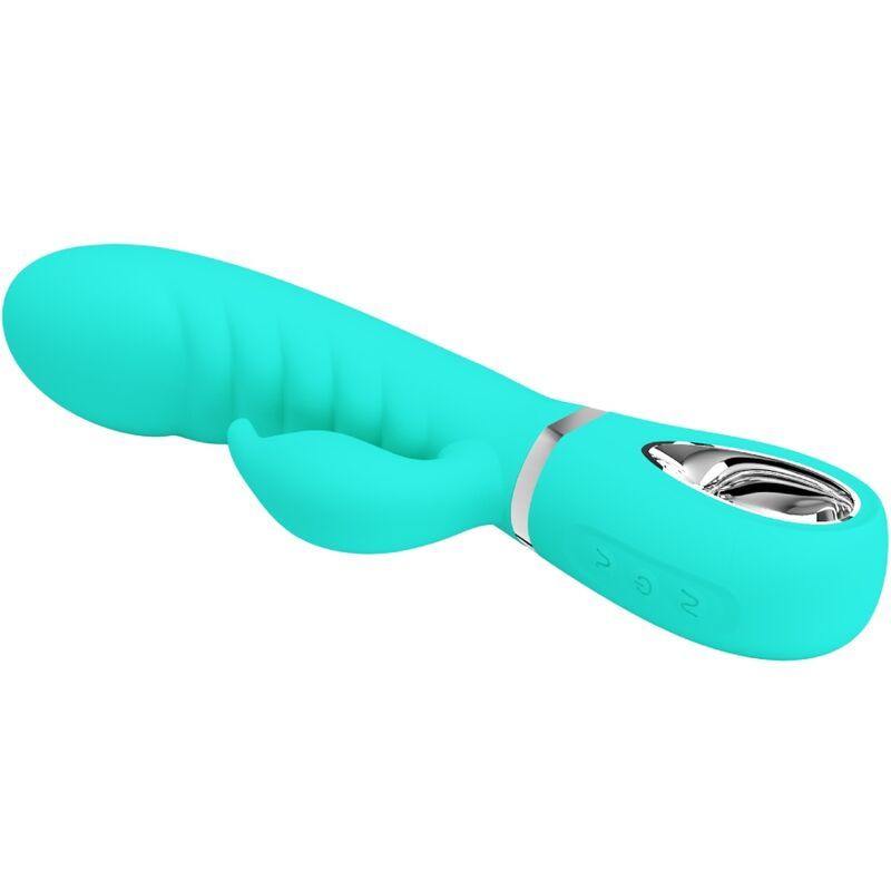 Türkisfarbener Vibrator mit gebogener Form. Mit einem Griff und einem Bedienfeld mit Knöpfen.
