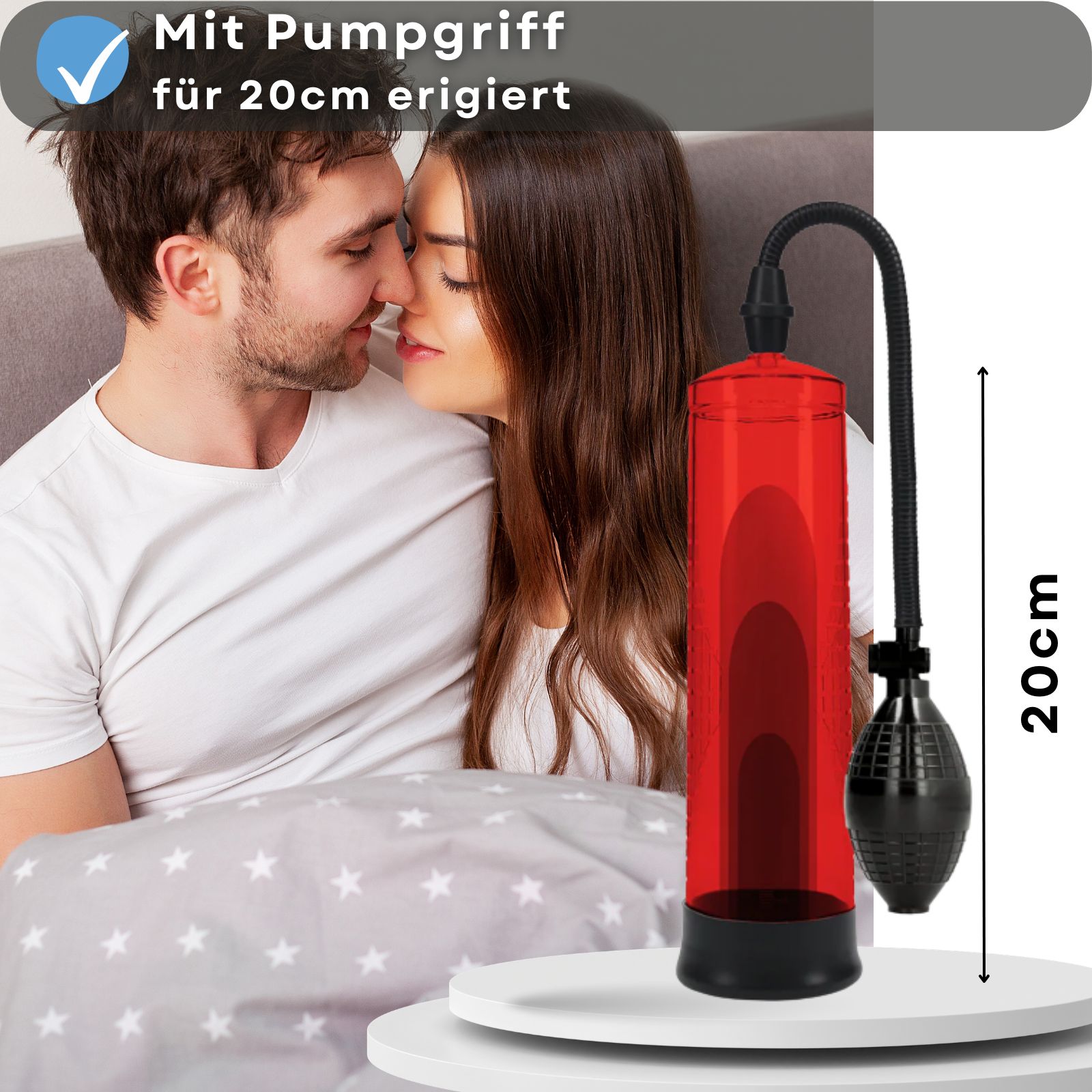 Roter Zylinder, schwarzer Schlauch und Pumpball. Paar im Bett.