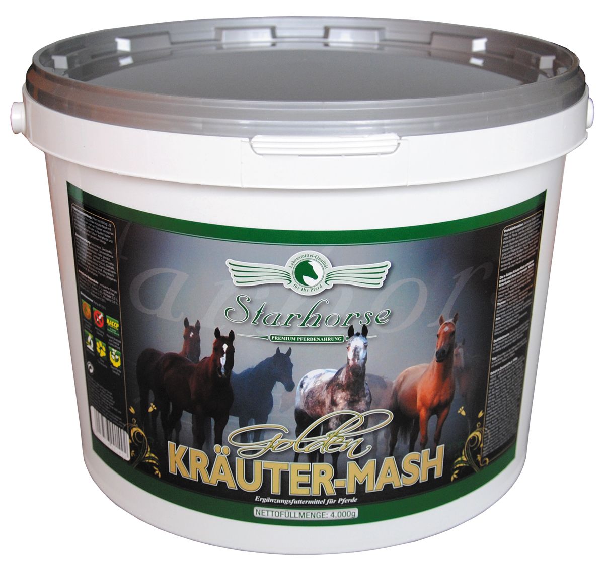 Weißer Eimer mit Deckel. Aufschrift: Starhorse Kräuter-Mash. Abbildung von Pferden. Grüne und silberne Elemente.