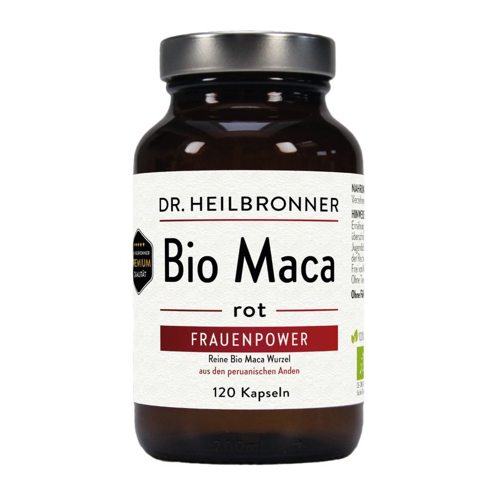 Braune Glasflasche mit silbernem Deckel. Etikett mit "Bio Maca rot" und "120 Kapseln". Bio-Siegel.