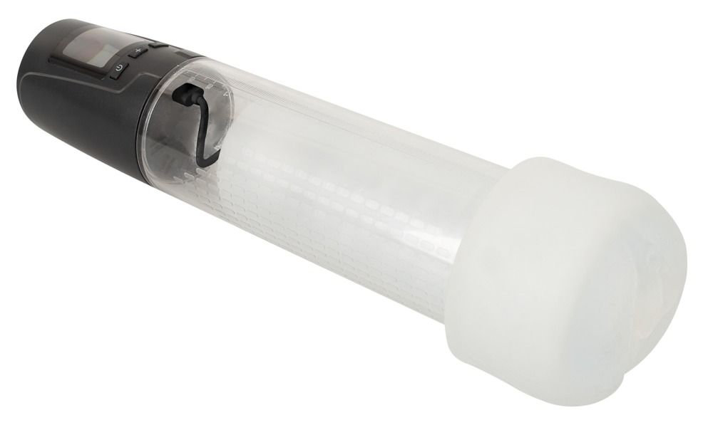 Automatische Penispumpe mit schwarzem Griff, transparentem Zylinder und Silikonmanschette. Display zeigt -55 kPa.